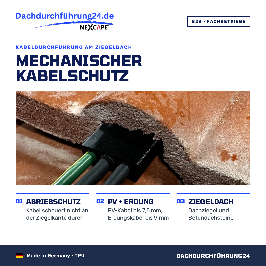Mechanischer Kabelschutz. Kabeldurchführung am Ziegeldach. Abriebschutz: das Kabel scheuert nicht an der Ziegelkante durch. Für PV-Kabel bis 7,5 mm und Erdungskabel bis 9 mm. Für Schrägdächer mit Dachziegeln und Betondachsteinen. Aus TPU, Made in Germany. B2B Fachbetriebe. Dachdurchführung24.